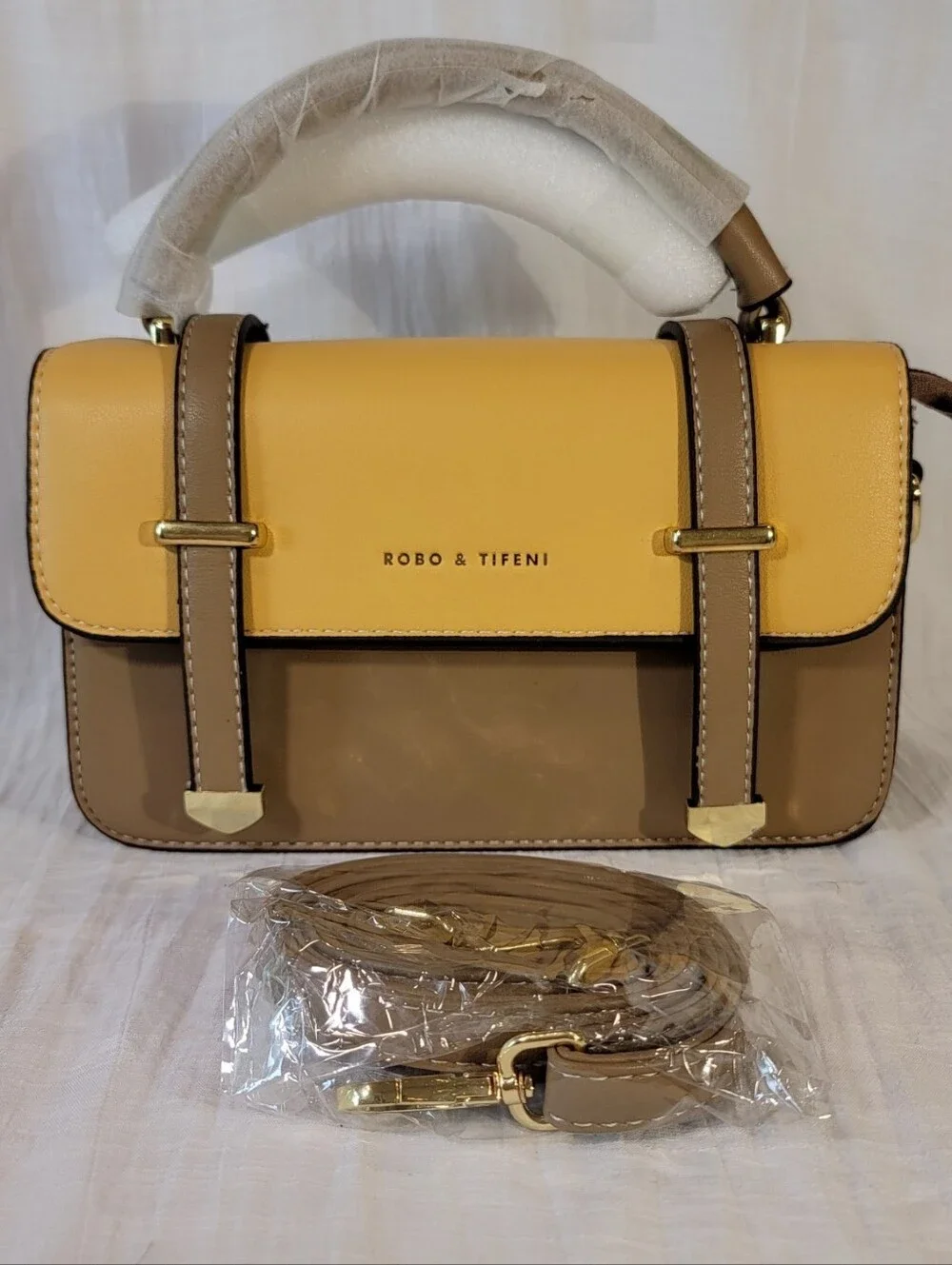 Robo & Tifeni Yellow And Khaki Structured Satchel Crossbody Bag NWT